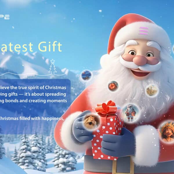 A festive Christmas-themed graphic from "Thornehope" featuring a cheerful animated Santa Claus holding a red gift box with white polka dots. Around him, glowing orbs display colorful illustrations of holiday scenes, including festive characters, snowy landscapes, and joyful moments. The background is a bright blue sky with snow-covered trees. At the top, the text reads, "The Greatest Gift is Love," in bold, colorful lettering. Below, a message highlights the true spirit of Christmas as spreading kindness, strengthening bonds, and creating joyful connections. At the bottom, the phrase, "We Make Success Happen," is repeated in a gold and red banner.