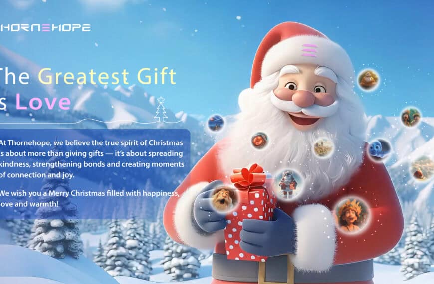 A festive Christmas-themed graphic from "Thornehope" featuring a cheerful animated Santa Claus holding a red gift box with white polka dots. Around him, glowing orbs display colorful illustrations of holiday scenes, including festive characters, snowy landscapes, and joyful moments. The background is a bright blue sky with snow-covered trees. At the top, the text reads, "The Greatest Gift is Love," in bold, colorful lettering. Below, a message highlights the true spirit of Christmas as spreading kindness, strengthening bonds, and creating joyful connections. At the bottom, the phrase, "We Make Success Happen," is repeated in a gold and red banner.